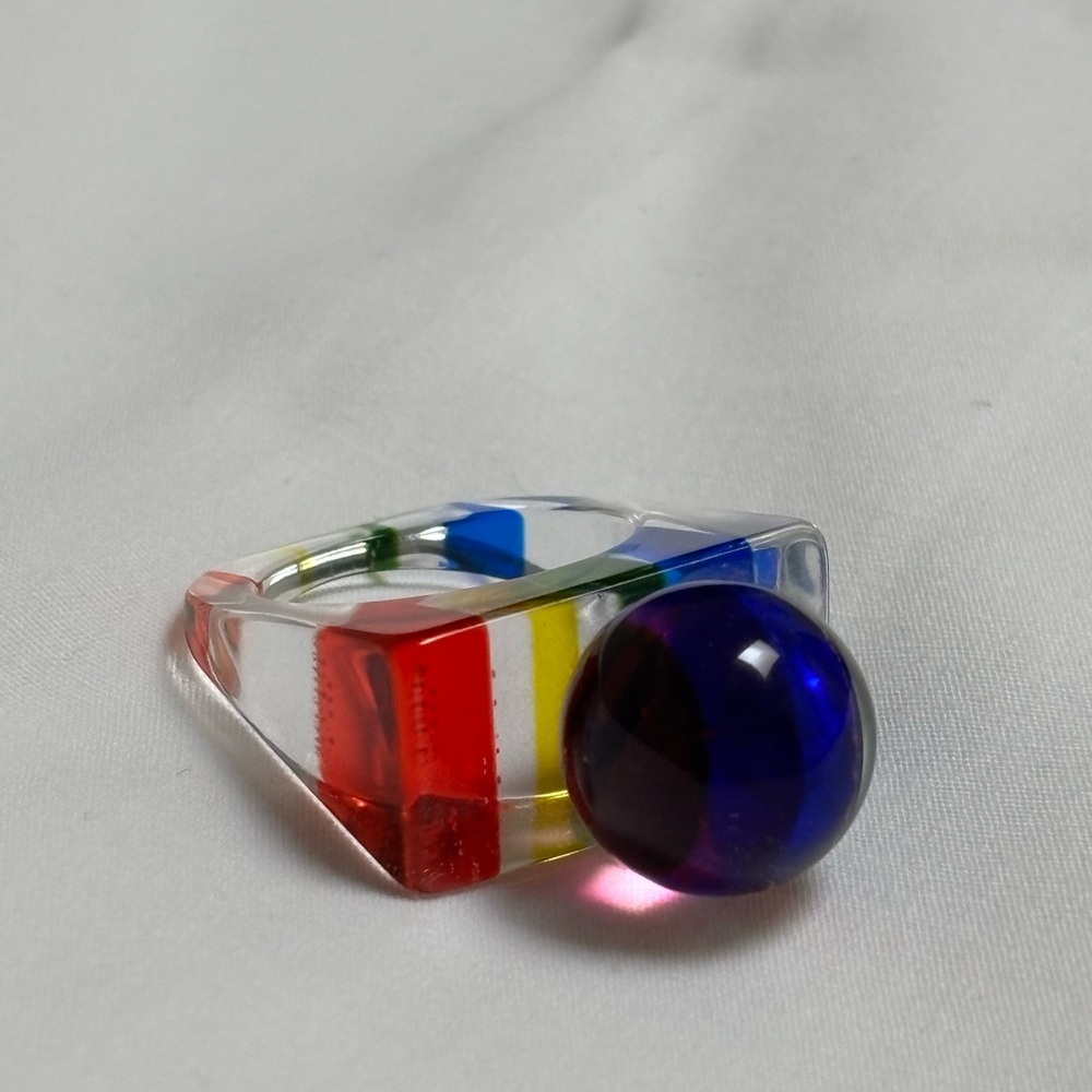 Color-Block Resin Ring with Blue Orb Accent